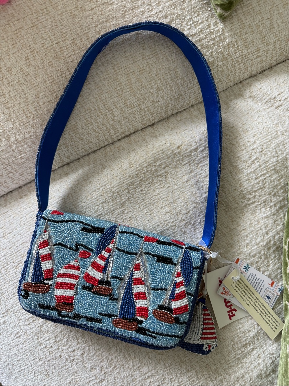 Beaded Sailboat Shoulder Bag - Blue